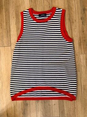 Black and White Knit Striped Tank with Red Trim